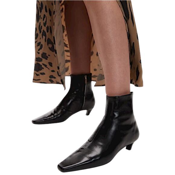 Mango MNG Square Toe Kitten Heel Leather Boots Black Size 36/ US 6 - Picture 3 of 13